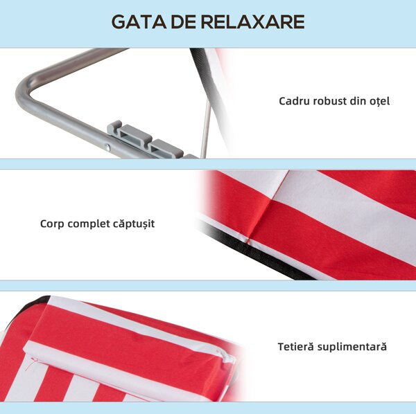 Outsunny Set 2 Șezlonguri de Plajă cu Spătar Reglabil în 5 Poziții, Tetieră și Geantă de Transport, 124x53x45 cm, Roșu | Aosom Romania
