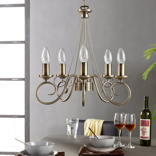 Lindby Candelabru Marnia, 5 becuri, Ø 40 cm, alamă antică, E14, reglabil, Bronz / Alamă Veche, Camera de zi / sufragerie, Metal, Antichitate