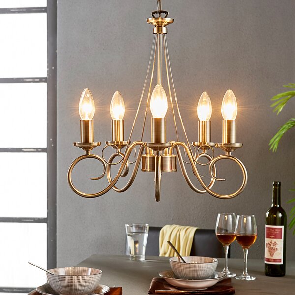 Lindby Candelabru Marnia, 5 becuri, Ø 40 cm, alamă antică, E14, reglabil, Bronz / Alamă Veche, Camera de zi / sufragerie, Metal, Antichitate