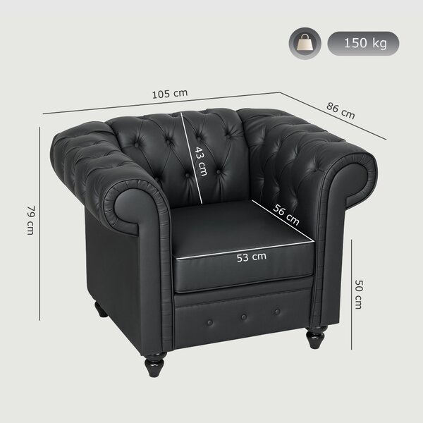 HOMCOM Fotoliu Decorativ Tapițat cu Butoni Decorativi și Picioare din Lemn, 105x86x79 cm, Negru | Aosom Romania