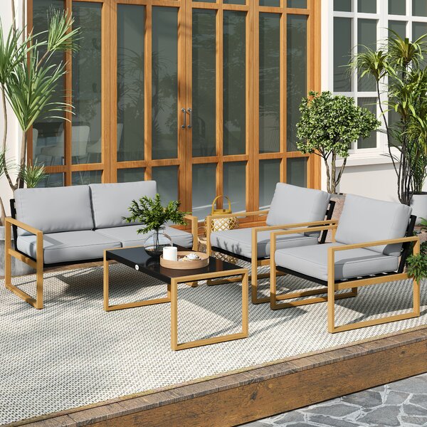 Outsunny Set Mobilier de Grădină din 4 Piese, cu Canapea de 2 Locuri, 2 Fotolii și Măsuță de Cafea, 123.5x75x73 cm, Gri | Aosom Romania