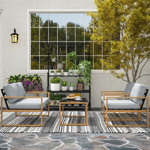 Outsunny Set Mobilier de Grădină din 4 Piese, cu Canapea de 2 Locuri, 2 Fotolii și Măsuță de Cafea, 123.5x75x73 cm, Gri | Aosom Romania