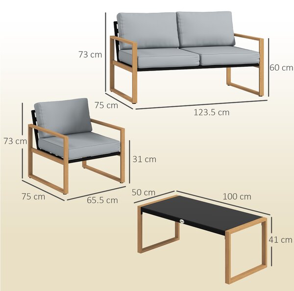 Outsunny Set Mobilier de Grădină din 4 Piese, cu Canapea de 2 Locuri, 2 Fotolii și Măsuță de Cafea, 123.5x75x73 cm, Gri | Aosom Romania