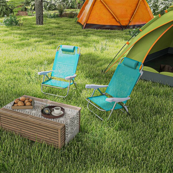 Outsunny Set 2 Scaune de Camping Pliabile cu Tetieră Căptușită și Spătar Reglabil în 6 Poziții, 62x65x80 cm, Albastru | Aosom Romania