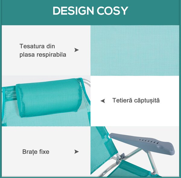 Outsunny Set 2 Scaune de Camping Pliabile cu Tetieră Căptușită și Spătar Reglabil în 6 Poziții, 62x65x80 cm, Albastru | Aosom Romania