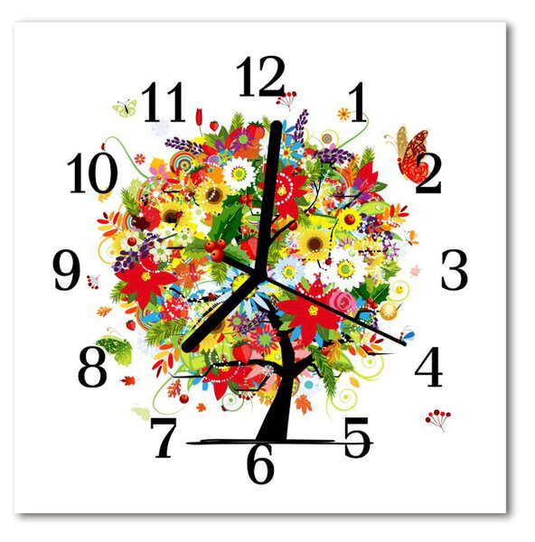 Ceas de perete din sticla pătrat Flori copac Flori copac multicolor
