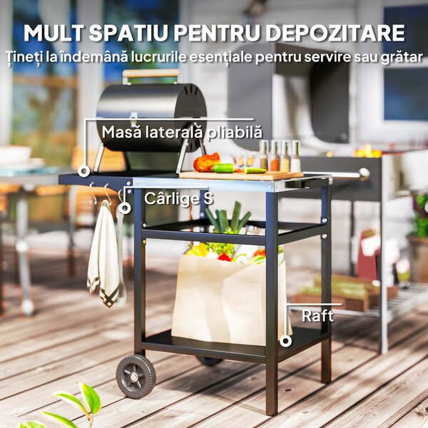 Outsunny Cărucior pentru Grătar cu Blat din Oțel Inoxidabil, Raft Pliabil și Husă de Protecție, 91x58x76 cm, Negru | Aosom Romania