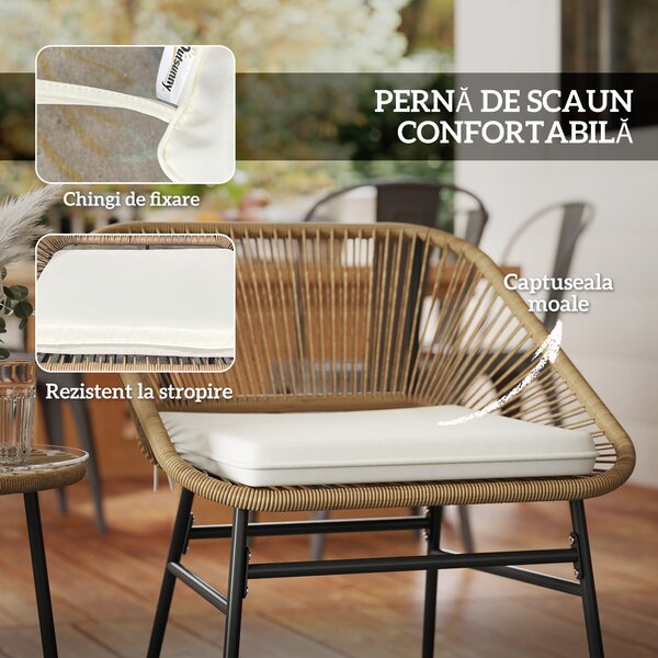 Outsunny Set Bistro din 3 Piese cu Măsuță de Cafea cu Blat de Sticlă și 2 Scaune, Φ45x46 cm, Natural | Aosom Romania