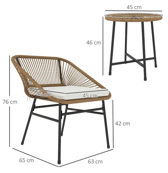 Outsunny Set Bistro din 3 Piese cu Măsuță de Cafea cu Blat de Sticlă și 2 Scaune, Φ45x46 cm, Natural | Aosom Romania