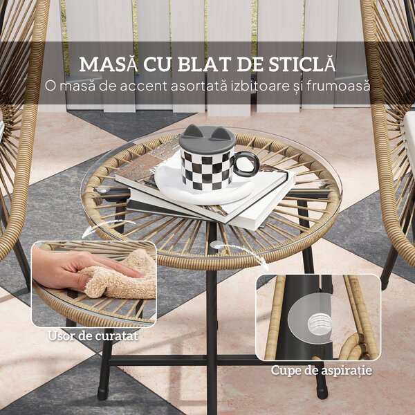Outsunny Set Bistro din 3 Piese cu Măsuță de Cafea cu Blat de Sticlă și 2 Scaune, Φ45x46 cm, Natural | Aosom Romania