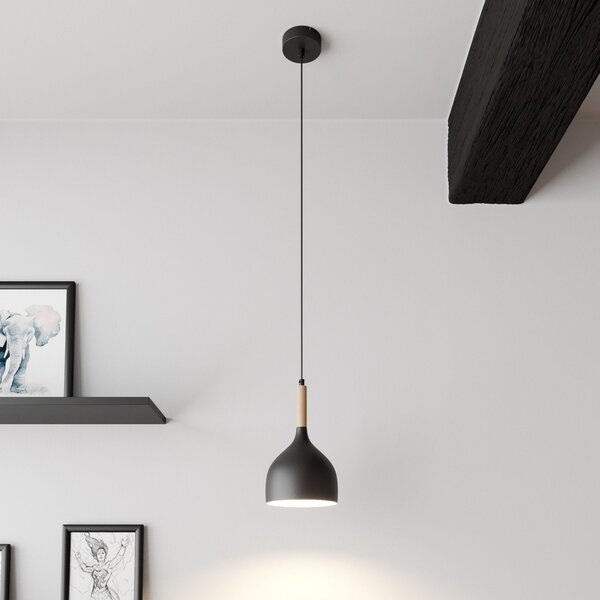 Luminex Lampă suspendată Noak, negru/lemn natural, Ø 17 cm, reglabil, Negru, Camera de zi / sufragerie, Metal, Modern