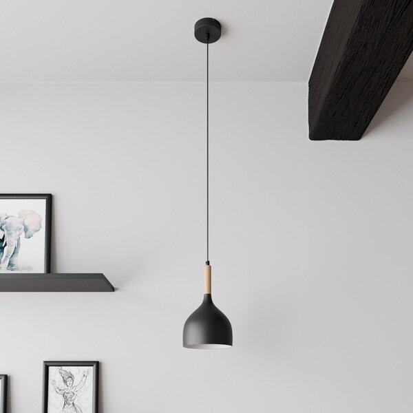 Luminex Lampă suspendată Noak, negru/lemn natural, Ø 17 cm, reglabil, Negru, Camera de zi / sufragerie, Metal, Modern