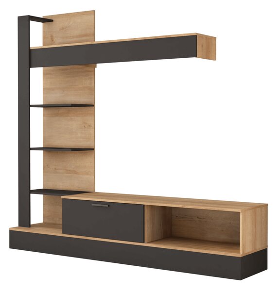KONDELA Mobilier de perete living, stejar Riviera / negru, GELUZA