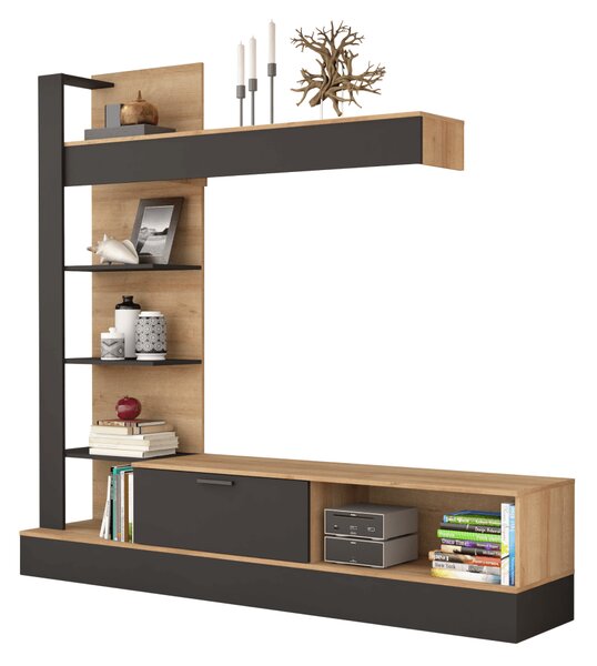 KONDELA Mobilier de perete living, stejar Riviera / negru, GELUZA