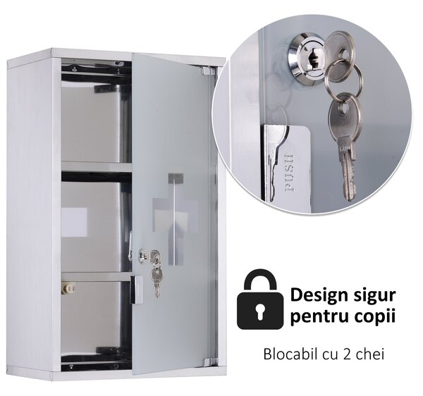 HOMCOM Dulap Medicamente din Oțel Inoxidabil 50x30x18 cm, Casetă Prim Ajutor cu Încuietoare & 2 Chei | Aosom Romania