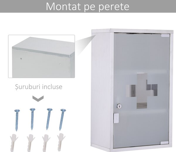 HOMCOM Dulap Medicamente din Oțel Inoxidabil 50x30x18 cm, Casetă Prim Ajutor cu Încuietoare & 2 Chei | Aosom Romania