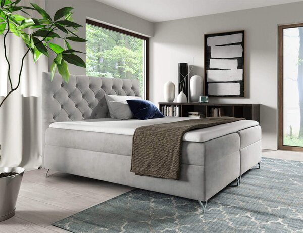 KONDELA Pat cu boxspring, 140x200, ţesătură gri deschis Velvet, GULIETTE + cadou