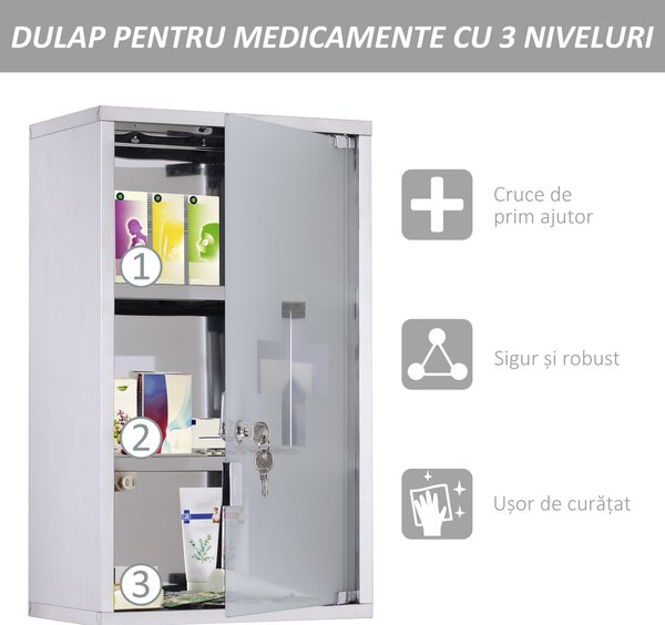 HOMCOM Dulap Medicamente din Oțel Inoxidabil 50x30x18 cm, Casetă Prim Ajutor cu Încuietoare & 2 Chei | Aosom Romania