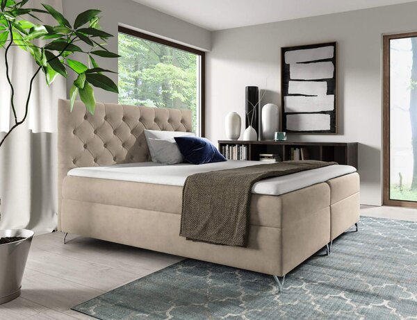 KONDELA Pat cu boxspring, 200x200, ţesătură bej catifea, GULIETTE + cadou