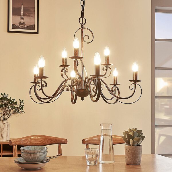 Lindby Candelabru Caleb, 9 becuri, culoare rugină, metal, E14, reglabil, Maro / Rugină, Hol, Metal, Casă de țară / Rustic