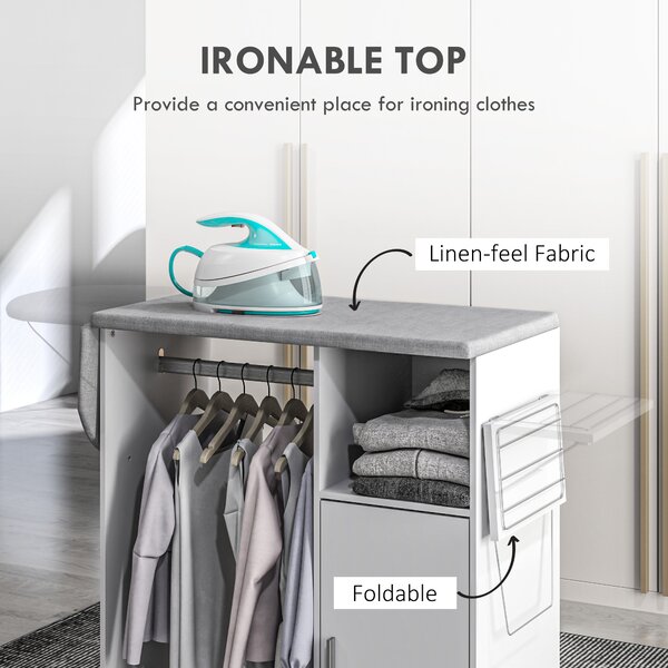 HOMCOM Dulap Multifuncțional cu Masă de Călcat | Blat din Tesatura Efect In | 3 Rafturi | Ghidaj pentru Agățat | 127x42.5x99 cm | Alb | Aosom Romania