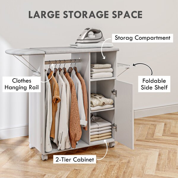 HOMCOM Dulap Multifuncțional cu Masă de Călcat | Blat din Tesatura Efect In | 3 Rafturi | Ghidaj pentru Agățat | 127x42.5x99 cm | Alb | Aosom Romania