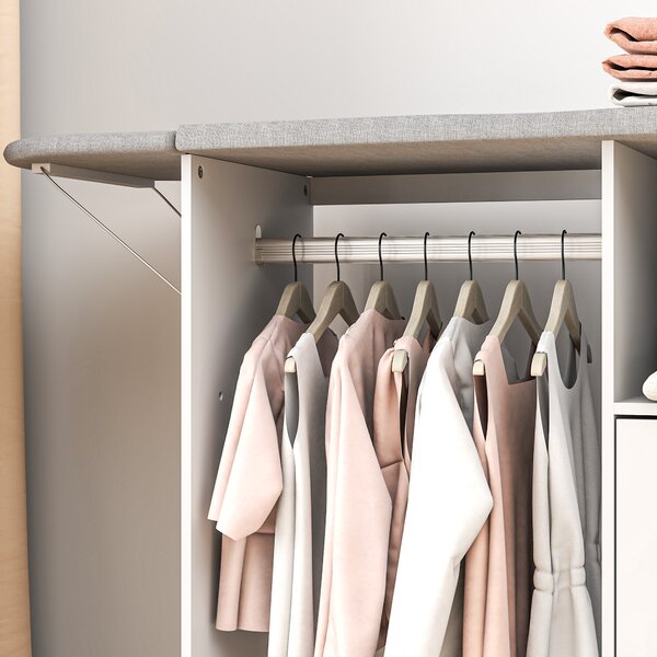 HOMCOM Dulap Multifuncțional cu Masă de Călcat | Blat din Tesatura Efect In | 3 Rafturi | Ghidaj pentru Agățat | 127x42.5x99 cm | Alb | Aosom Romania