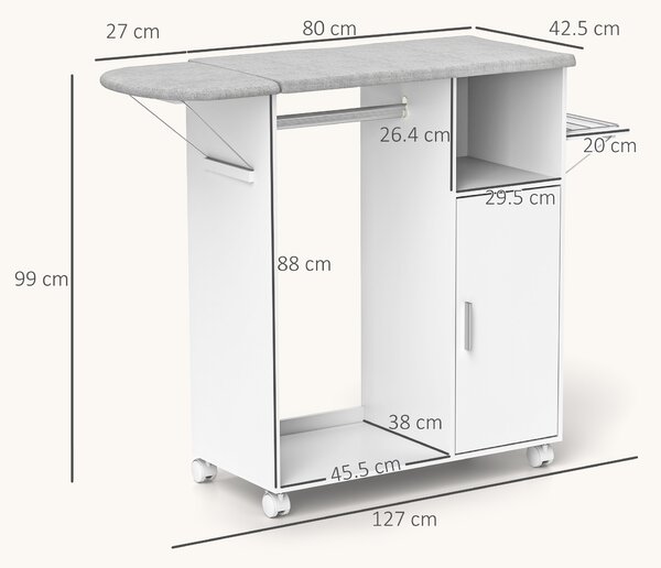 HOMCOM Dulap Multifuncțional cu Masă de Călcat | Blat din Tesatura Efect In | 3 Rafturi | Ghidaj pentru Agățat | 127x42.5x99 cm | Alb | Aosom Romania