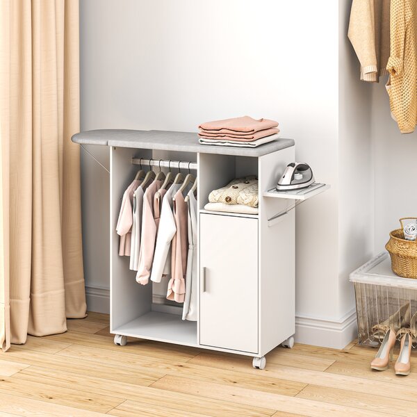HOMCOM Dulap Multifuncțional cu Masă de Călcat | Blat din Tesatura Efect In | 3 Rafturi | Ghidaj pentru Agățat | 127x42.5x99 cm | Alb | Aosom Romania