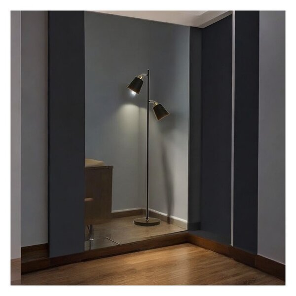 Lampa de podea dubla, finisaj negru-auriu, 2 x bec LED E27, inaltime 155 cm, cadru otel