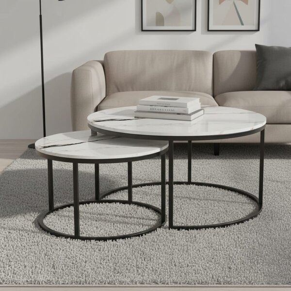 Set 2 Măsuțe de Cafea cu Efect Marmură, Alb, Diametru 80/60 cm, Design Compact