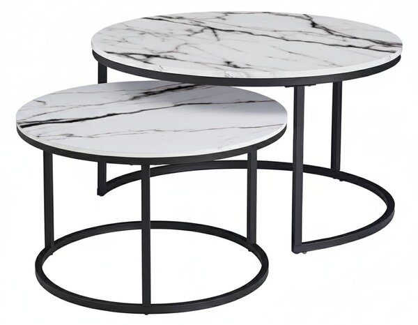 Set 2 Măsuțe de Cafea cu Efect Marmură, Alb, Diametru 80/60 cm, Design Compact