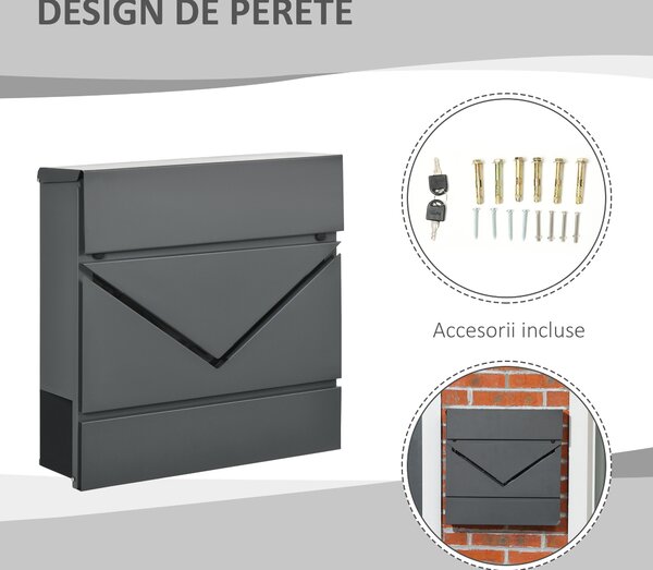 HOMCOM Cutie Postala din Otel Zincat cu Suport Ziare si 2 Chei de Securitate incluse, 37x10.5x37 cm, Gri | Aosom Romania