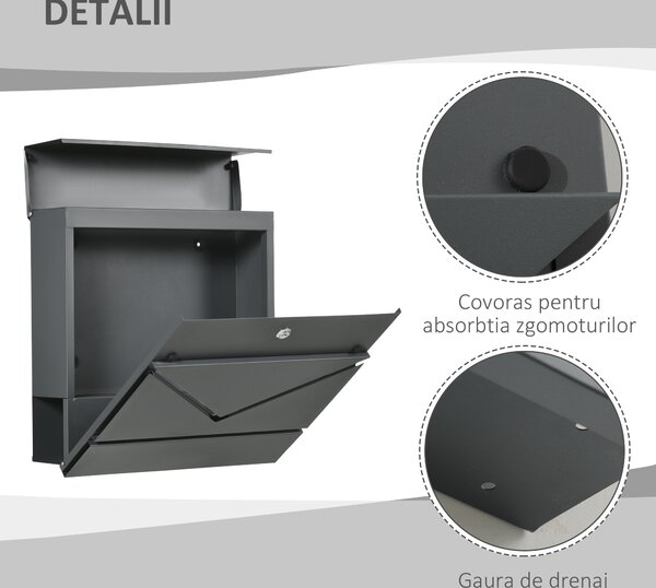 HOMCOM Cutie Postala din Otel Zincat cu Suport Ziare si 2 Chei de Securitate incluse, 37x10.5x37 cm, Gri | Aosom Romania