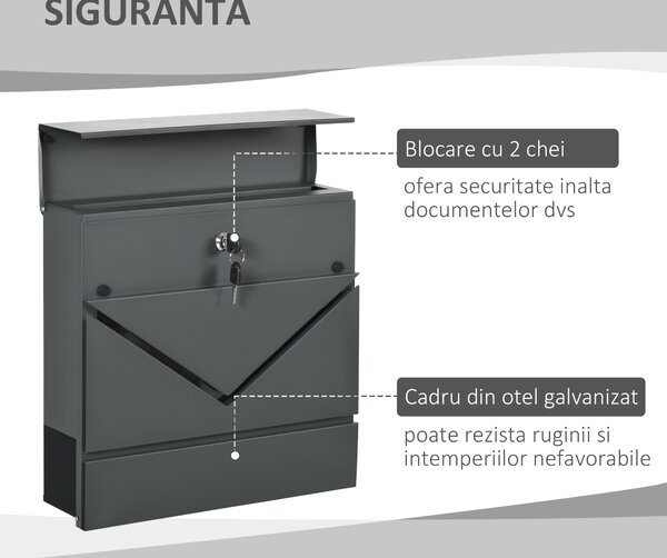 HOMCOM Cutie Postala din Otel Zincat cu Suport Ziare si 2 Chei de Securitate incluse, 37x10.5x37 cm, Gri | Aosom Romania