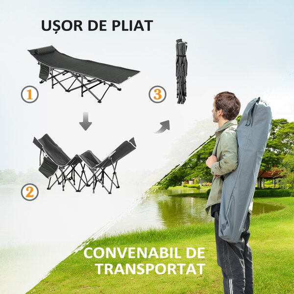 Pat pliabil de camping Outsunny, cu saltea, perna si husa de transport, 188x64.5x53cm, albastru | Aosom Romania