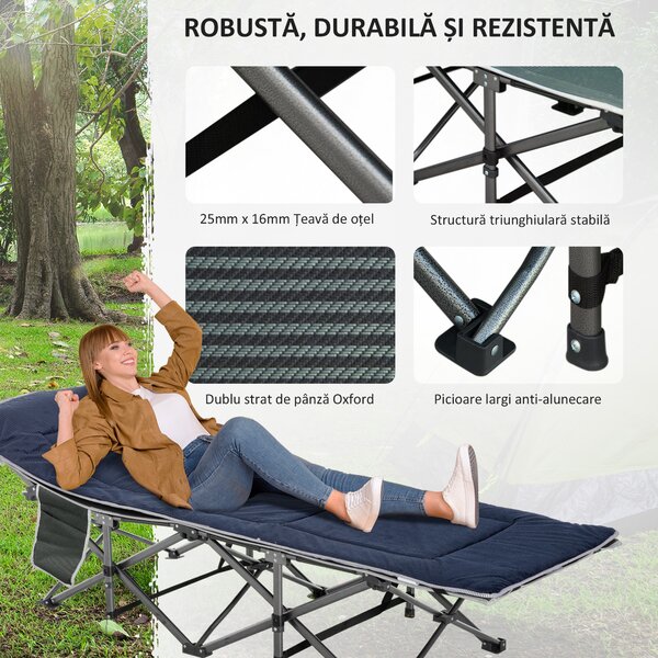 Pat pliabil de camping Outsunny, cu saltea, perna si husa de transport, 188x64.5x53cm, albastru | Aosom Romania