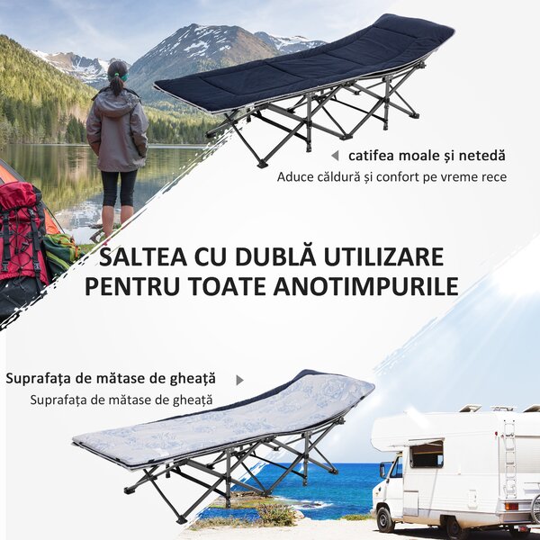 Pat pliabil de camping Outsunny, cu saltea, perna si husa de transport, 188x64.5x53cm, albastru | Aosom Romania