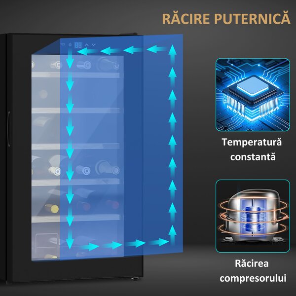 HOMCOM Frigider de Vinuri pentru 24 de Sticle de Sine Statator cu Usa de Sticla Frigider de 65 de litri cu o Singura Zona de Racire a Vinurilor cu Comenzi Digitale cu Ecran Tactil si Lumina LED Negru | Aosom Romania