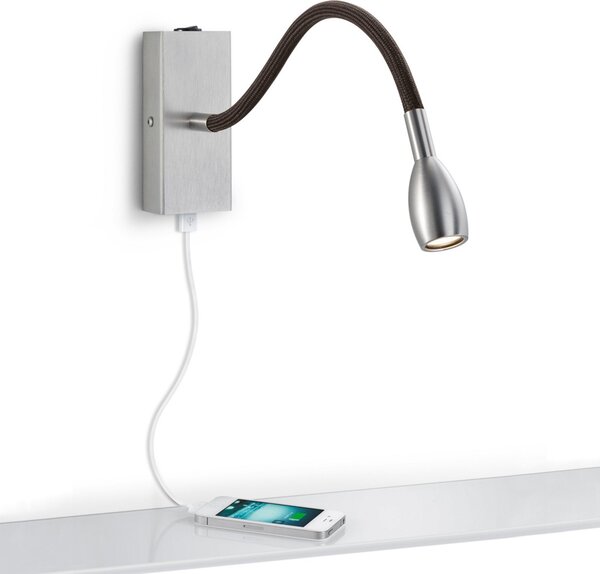 Knapstein Milos nichel aplică de perete LED cu port încărcare USB, Metalic, dormitor, Metal, Modern