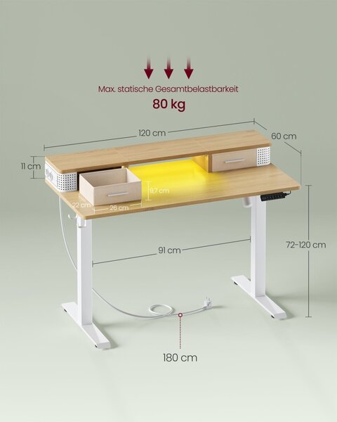 Birou reglabil Vasagle Alb 120x60x131.5 cm