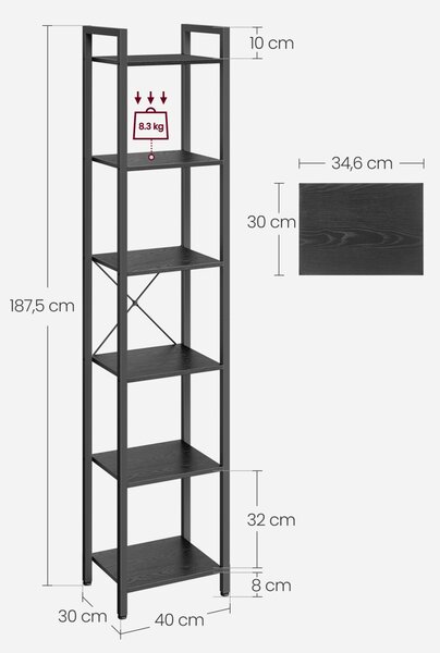 Biblioteca Vasagle Negru 39.6x30x186.1 cm