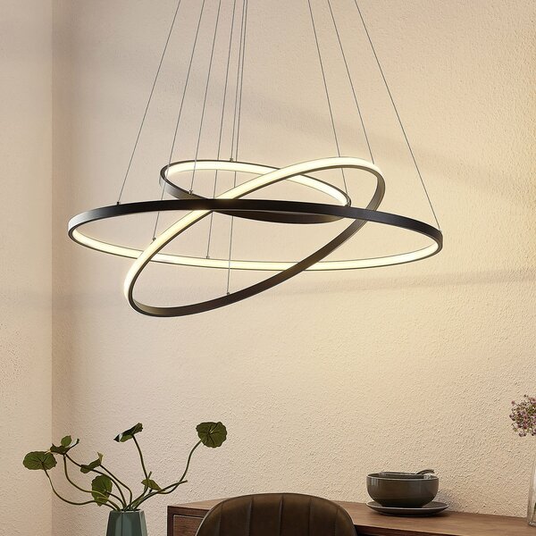 Lucande Lampă suspendată LED Ezana, negru, metal, Ø 80 cm, reglabil, Negru, Camera de zi / sufragerie, Metal, Modern