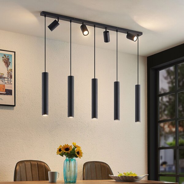 Lindby Lampă suspendată Sanad, 116 cm, 9 becuri, negru, GU10, reglabil, Negru, Camera de zi / sufragerie, Metal, Modern