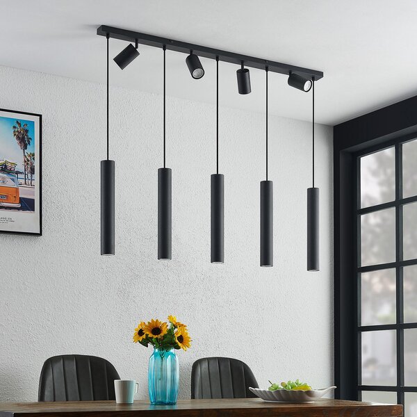 Lindby Lampă suspendată Sanad, 116 cm, 9 becuri, negru, GU10, reglabil, Negru, Camera de zi / sufragerie, Metal, Modern