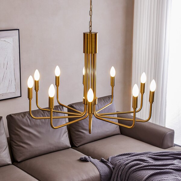 Lindby Candelabru Elanova, alamă, 10 becuri, Ø 80 cm, E14, reglabil, Auriu / Alamă, Camera de zi / sufragerie, Metal, Antichitate