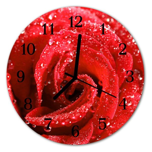 Ceas de perete din sticla rotund Rose Flori & Plante Red