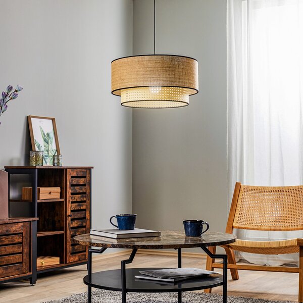 Duolla Lampă suspendată Boho, maro/lemn, Ø 45 cm, textil/rattan, reglabil, Lemn, Camera de zi / sufragerie, Țesătură / Textil, Casă de țară / Rustic