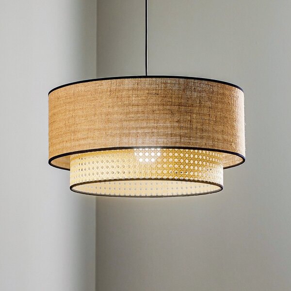 Duolla Lampă suspendată Boho, maro/lemn, Ø 45 cm, textil/rattan, reglabil, Lemn, Camera de zi / sufragerie, Țesătură / Textil, Casă de țară / Rustic