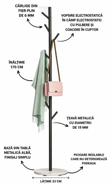 Cuier din metal, culoare negru,170x32 cm